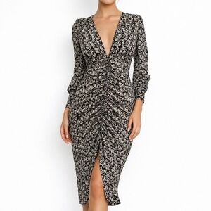 Topshop Tall Midi Dress Women US 4 Black White Floral Ruched Keyhole Back V Neck